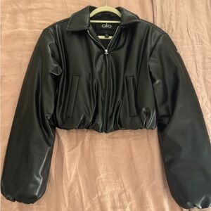 Alo Faux Leather Cropped Premier Bomber